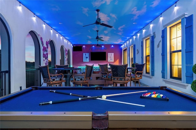 rec room featuring ceiling fan and pool table