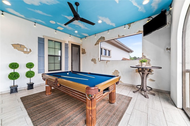 playroom featuring ceiling fan and pool table