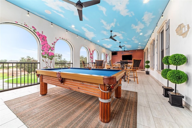 recreation room featuring ceiling fan and pool table