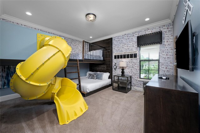 bedroom featuring light colored carpet and crown molding