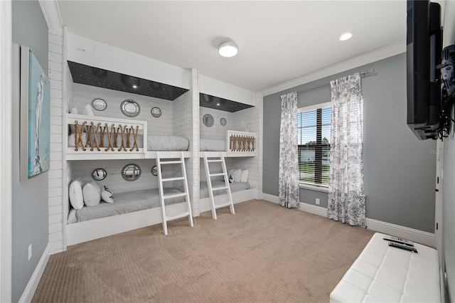 interior space with light carpet and crown molding