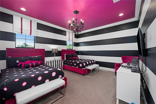 bedroom featuring carpet, a notable chandelier, and ornamental molding