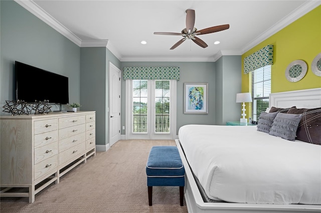 bedroom featuring access to outside, ceiling fan, light colored carpet, and ornamental molding