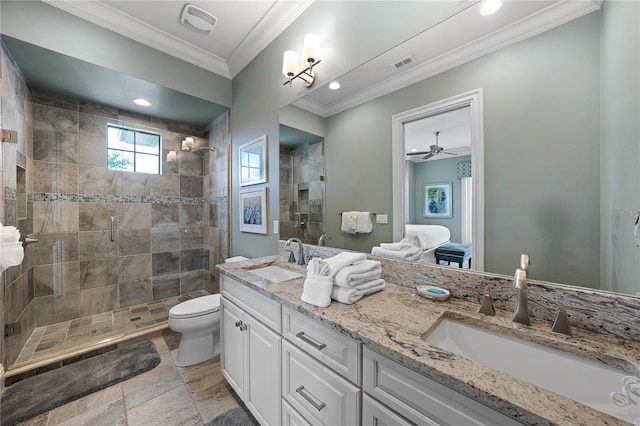 bathroom with an enclosed shower, vanity, ceiling fan, crown molding, and toilet