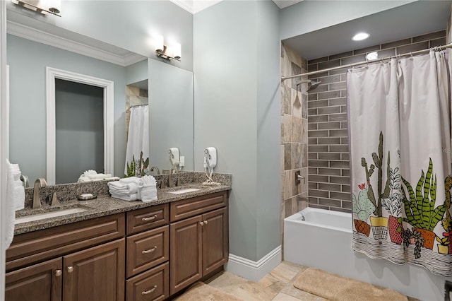 bathroom with shower / bath combo, crown molding, and vanity