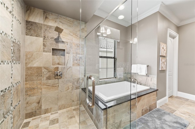 bathroom with crown molding, independent shower and bath, and an inviting chandelier