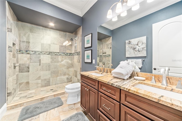 bathroom with crown molding, toilet, vanity, and walk in shower