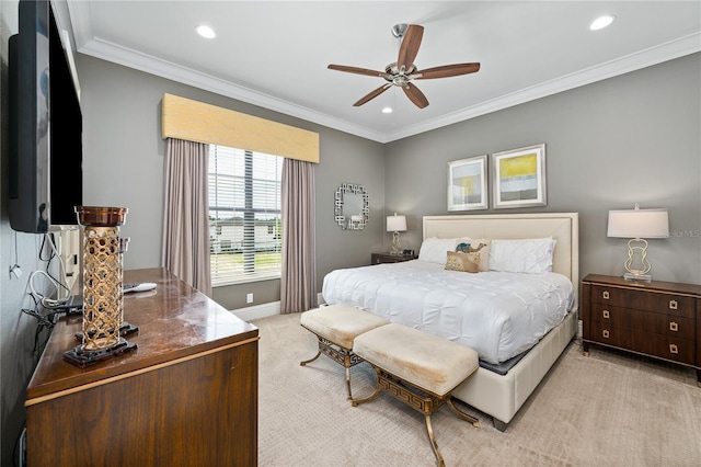 bedroom featuring ceiling fan, light carpet, and ornamental molding