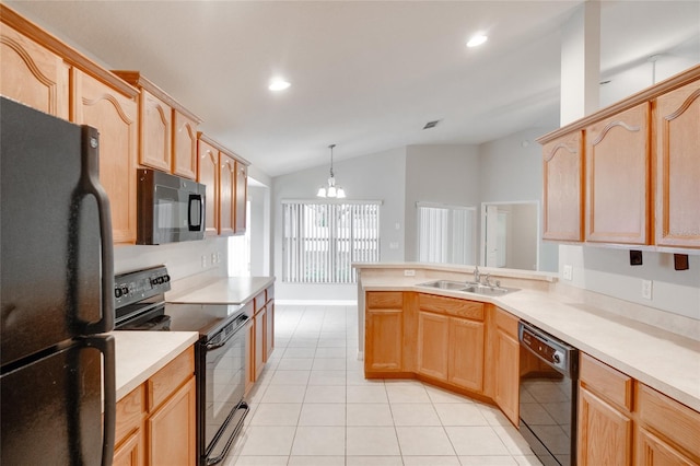 kitchen featuring pendant lighting, light brown cabinetry, sink, a chandelier, and black appliances