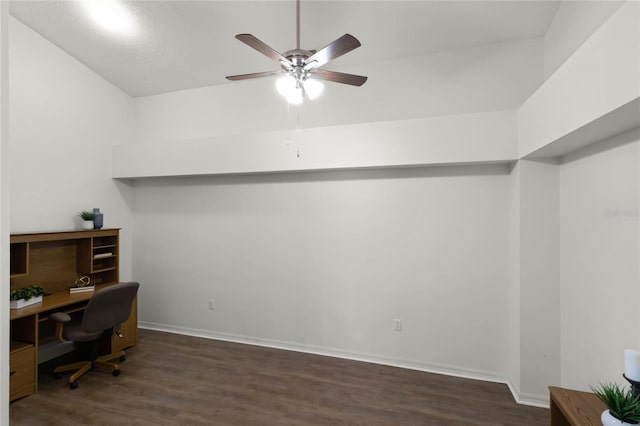 home office featuring ceiling fan and dark wood-type flooring