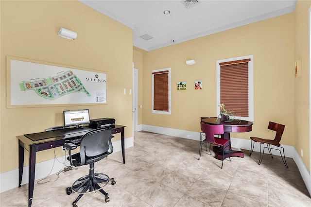 home office with light tile patterned floors