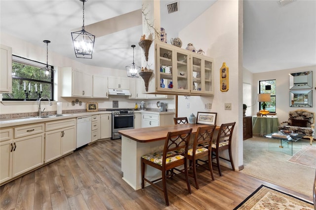 kitchen with dishwasher, sink, light hardwood / wood-style floors, and stainless steel range oven