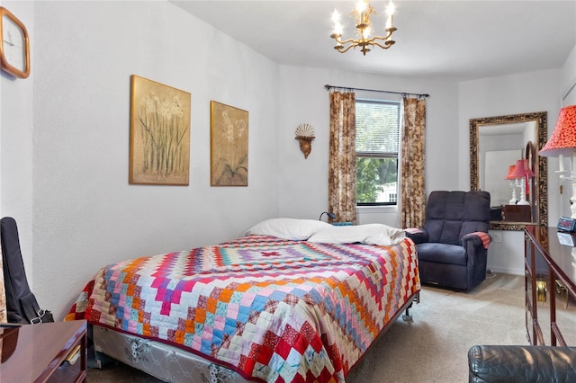 carpeted bedroom with an inviting chandelier