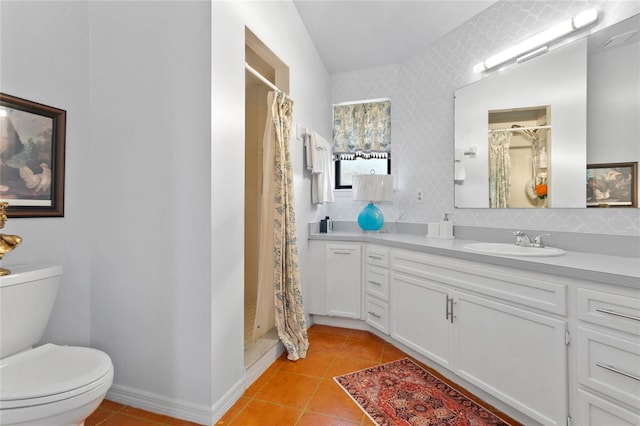 bathroom featuring toilet, tile patterned flooring, vanity, and a shower with shower curtain