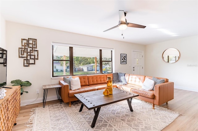 living room with wood-type flooring and ceiling fan