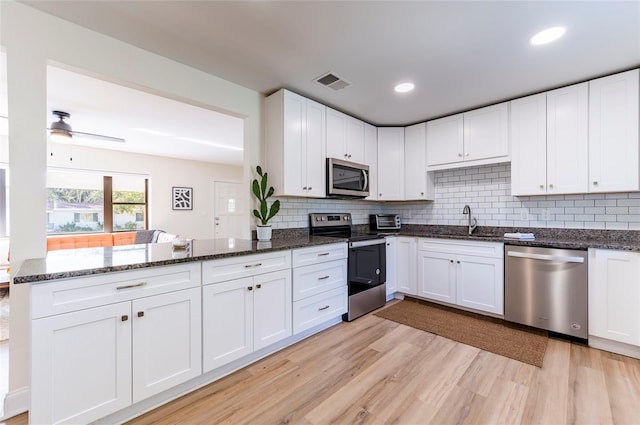 kitchen featuring appliances with stainless steel finishes, white cabinetry, sink, backsplash, and dark stone counters