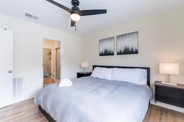 bedroom featuring ceiling fan and light wood-type flooring