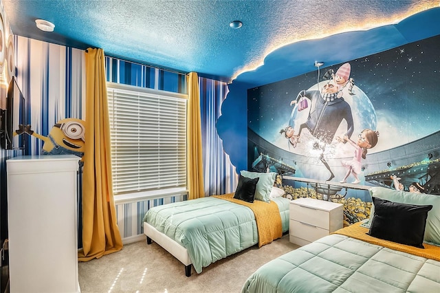 carpeted bedroom featuring a textured ceiling