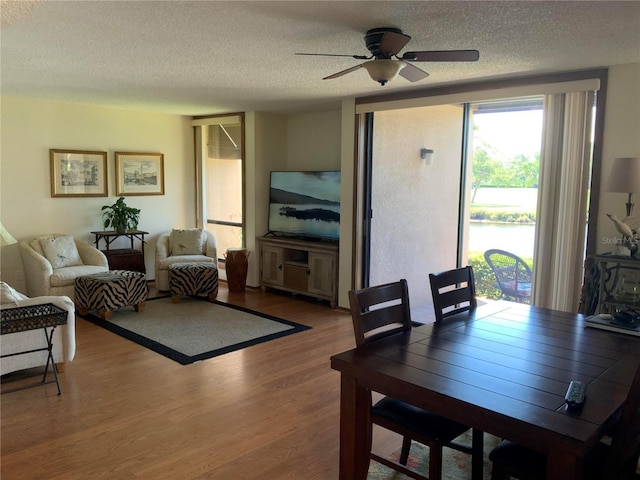 living room with ceiling fan, a textured ceiling, and wood finished floors