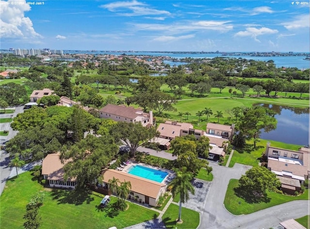 drone / aerial view featuring a water view