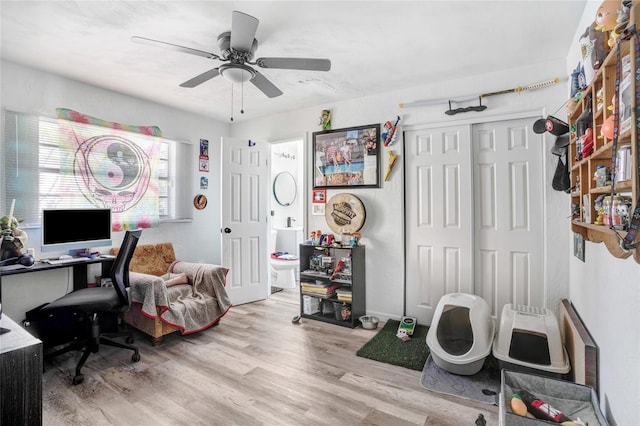 office area featuring light wood-type flooring and ceiling fan