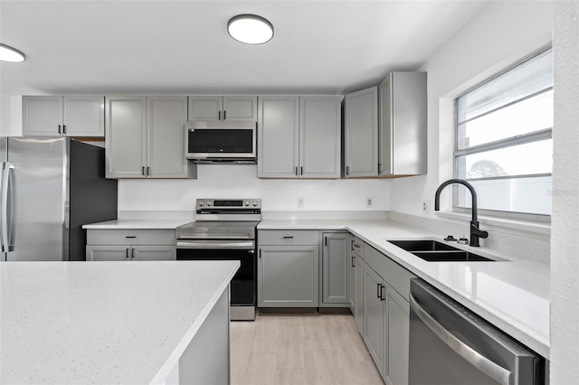 kitchen featuring gray cabinetry, sink, light wood-type flooring, and stainless steel appliances