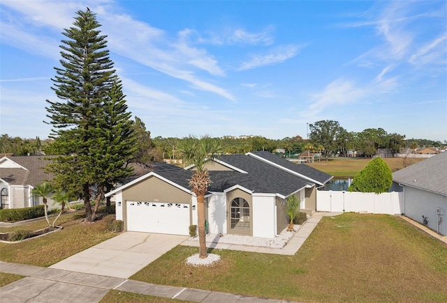 ranch-style house with a garage and a front lawn