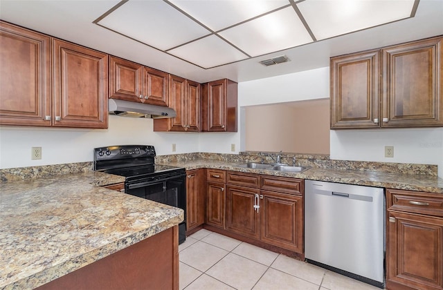 kitchen featuring light tile patterned floors, electric range, stainless steel dishwasher, and sink