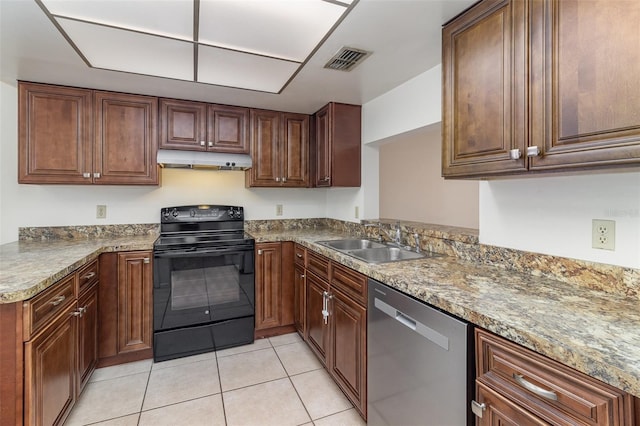 kitchen with black range with electric stovetop, sink, stainless steel dishwasher, light tile patterned floors, and stone countertops