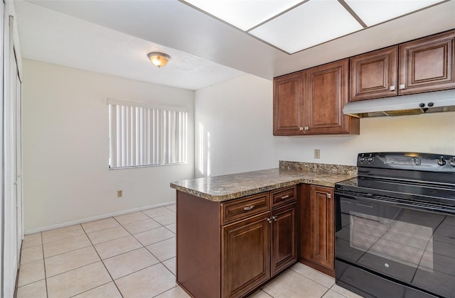 kitchen with kitchen peninsula, black range with electric cooktop, and light tile patterned flooring