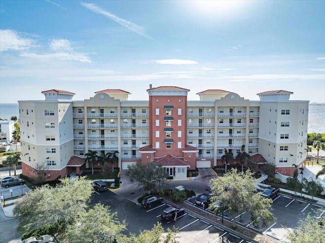 view of building exterior featuring a water view