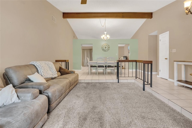 tiled living room featuring a notable chandelier and vaulted ceiling with beams