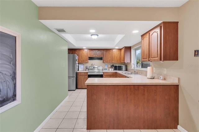 kitchen with sink, stainless steel appliances, kitchen peninsula, a tray ceiling, and light tile patterned flooring