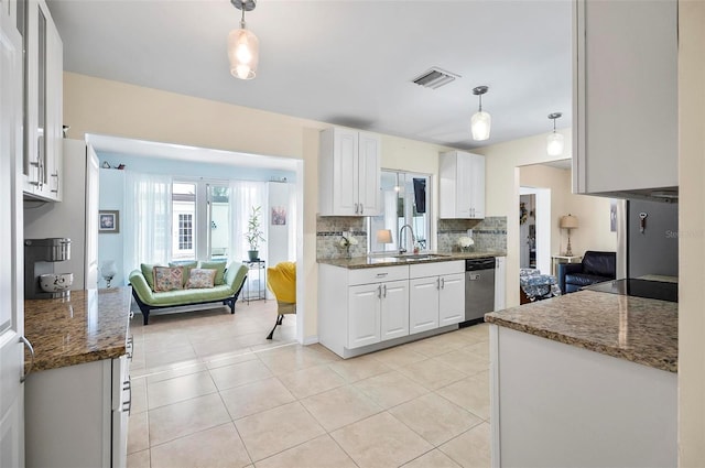 kitchen with sink, white cabinets, stainless steel dishwasher, and decorative light fixtures