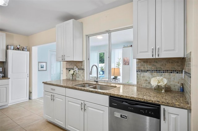 kitchen with dishwasher, white cabinetry, sink, and stone counters