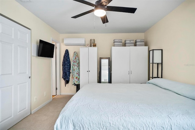 bedroom featuring ceiling fan, light colored carpet, and a wall unit AC