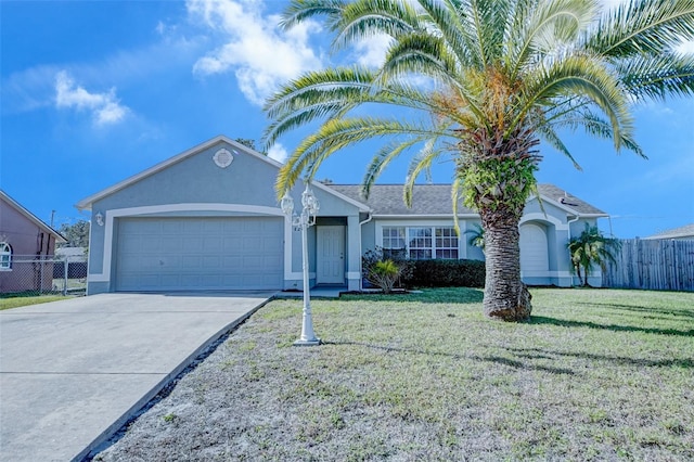 single story home with a garage and a front lawn