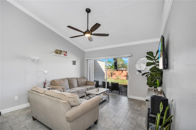 living area featuring a ceiling fan, baseboards, lofted ceiling, a textured ceiling, and crown molding