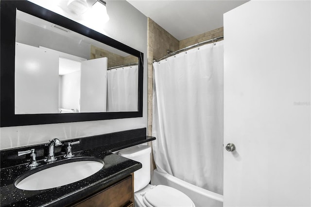 bathroom featuring visible vents, toilet, vanity, and shower / bathtub combination with curtain