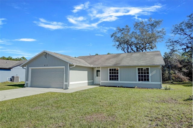 single story home with a garage, cooling unit, and a front lawn