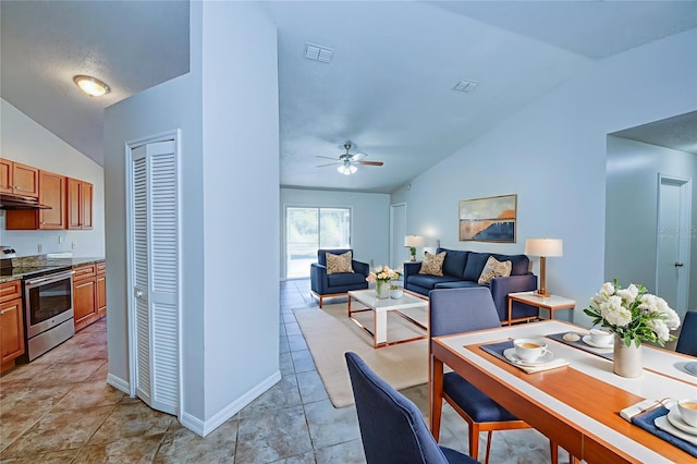 637 Twin Lake Ave, Deltona, FL 32738 - kitchen featuring stainless steel electric range, lofted ceiling, under cabinet range hood, a ceiling fan, and brown cabinets