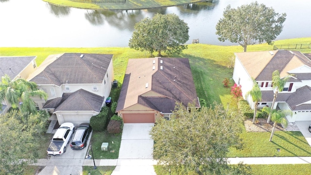 drone / aerial view featuring a water view