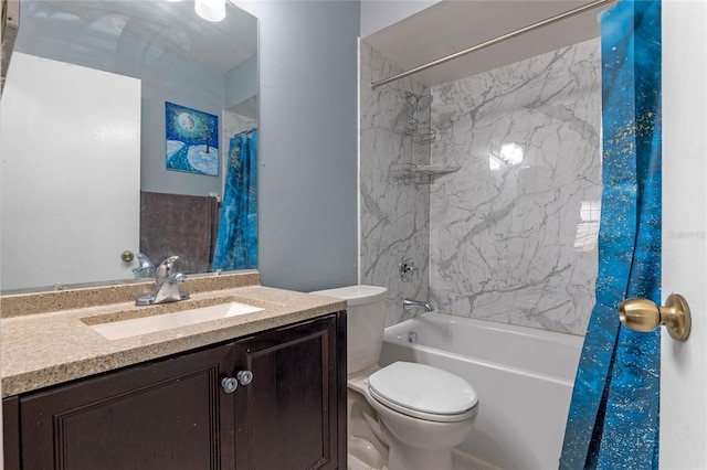 full bathroom featuring vanity, shower / bathtub combination with curtain, and toilet