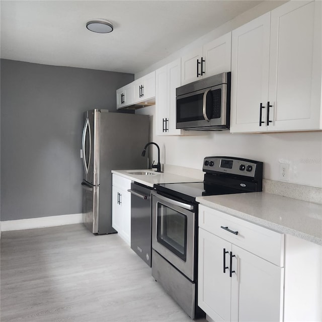 kitchen with sink, white cabinets, light hardwood / wood-style flooring, and appliances with stainless steel finishes