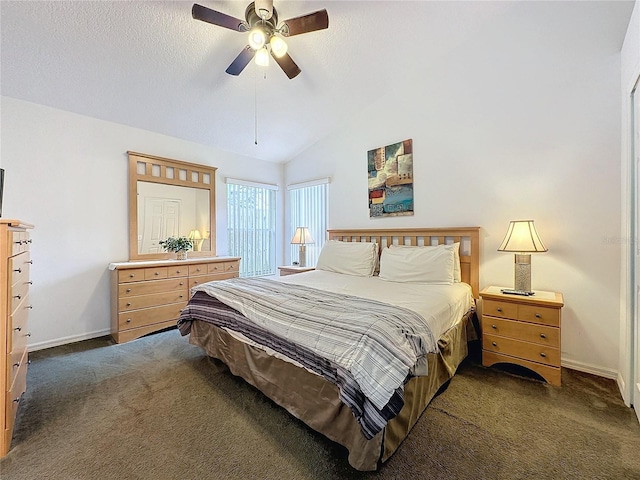 carpeted bedroom with ceiling fan, a textured ceiling, and vaulted ceiling