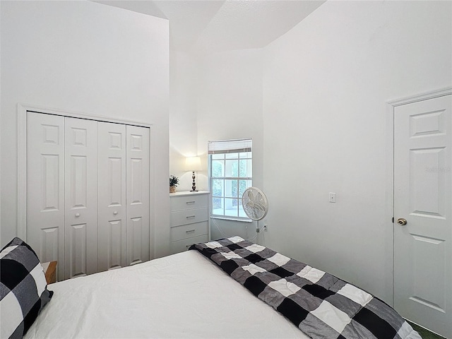 bedroom with a high ceiling and a closet