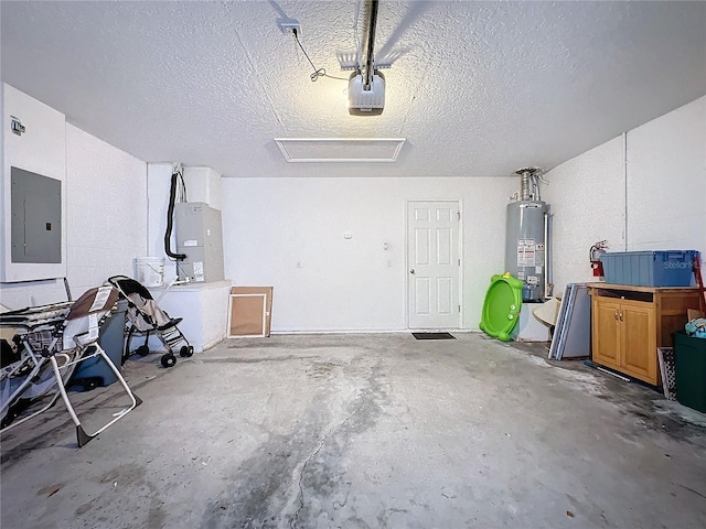 garage featuring electric panel, heating unit, a garage door opener, and gas water heater