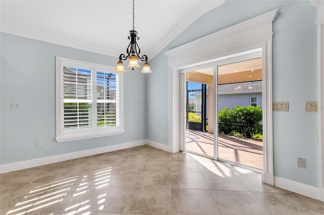 unfurnished dining area featuring crown molding, plenty of natural light, lofted ceiling, and an inviting chandelier