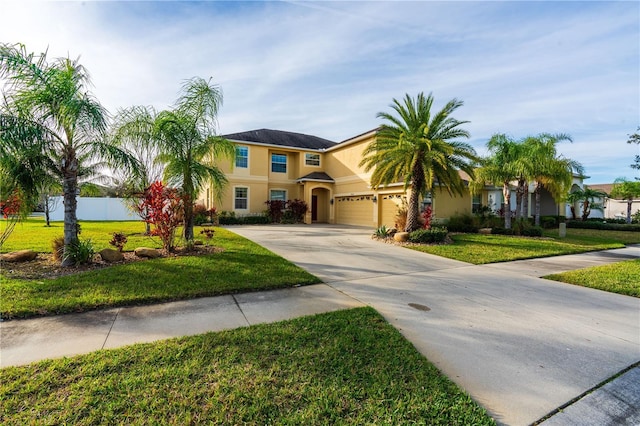 view of front of property featuring a front yard and a garage