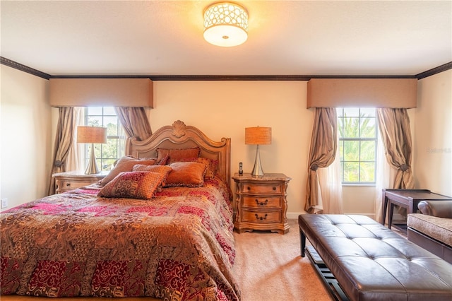 bedroom featuring carpet flooring and crown molding